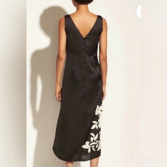 Vince Size 10 • Black Floral Satin Ruched Sleeveless Dress.